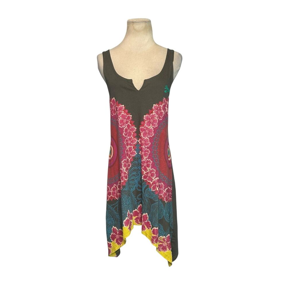 Desigual Green and Pink Asymmetrical Tunic Dress size Medium